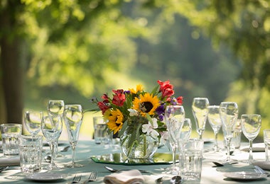 Mesa con flores y copas para montar una mesa formal al aire libre