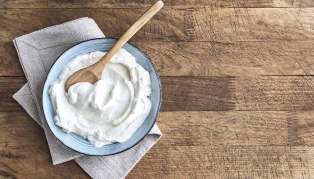 Un plato con yogurt casero recién preparado y una cucharita de madera